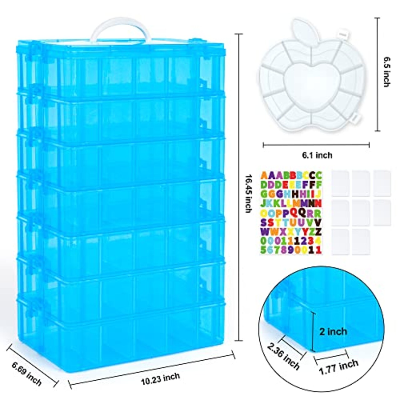 7 Layers Stackable Storage Container, 70 Adjustable Compartments (Blue) Stackable Storage Container, Perfect for Kids Toys, Art Crafts, Jewelry, Supplies, Mini Case & Letter Sticker Included